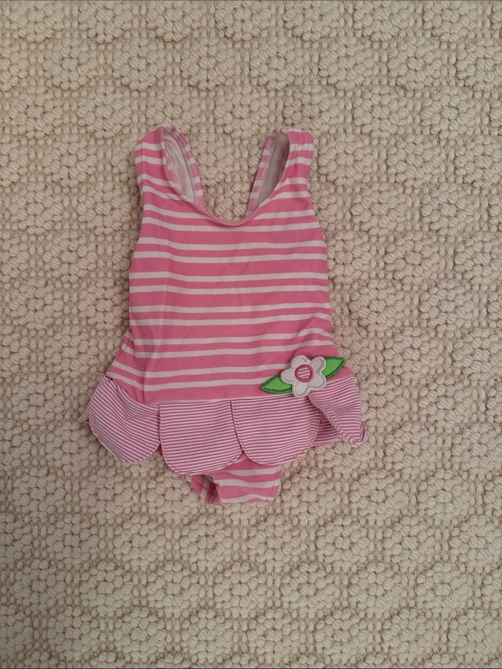 Florence Eiseman Pink & White Striped Baby Girl One-Piece Swimsuit with Flower